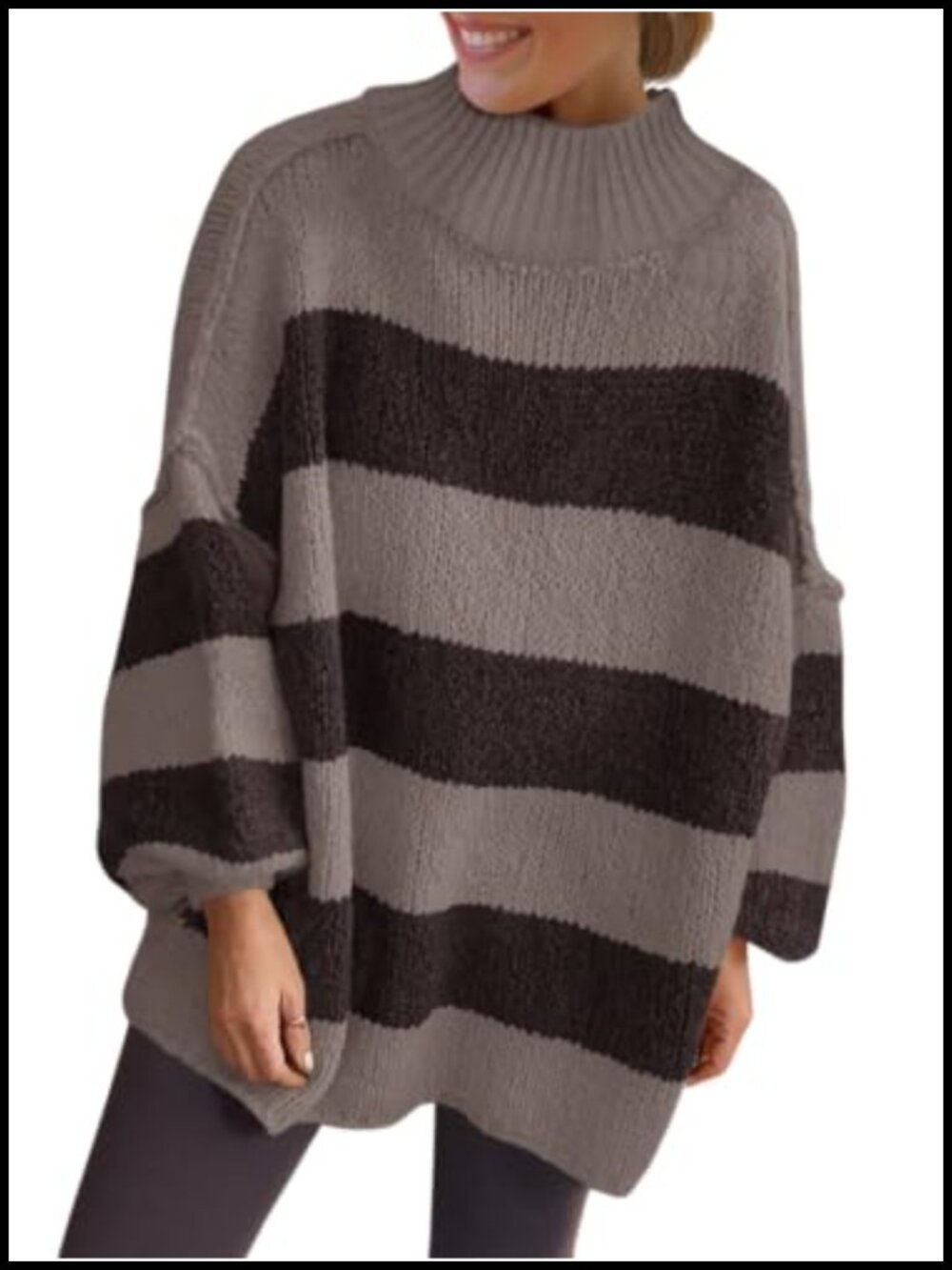 Oversized Striped Chunky Sweater Mock Neck Knit Tops